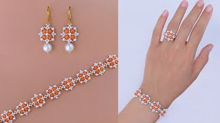 “Whispering Coral” Beaded Bracelet &amp; Beaded Ring &amp; Beaded Earrings with Pearls and Seed Beads 串珠饰品教程