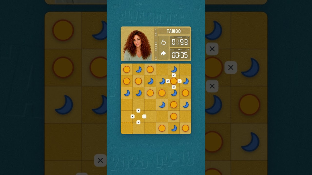 LinkedIn Tango #193 solved board for April 18, 2025, 6x6 grid