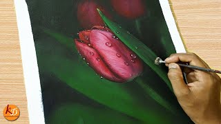 Simple Tulip flower painting | Acrylic Water drops painting | Background Noise | Episode #295