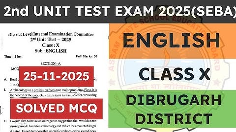 Class 10 2nd unit test English Question Paper 2025-26 | English | Dibrugarh District | seba | ASSEB