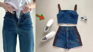 Refashion DIY Denim set from old jeans - crop top & shorts / upsize jeans