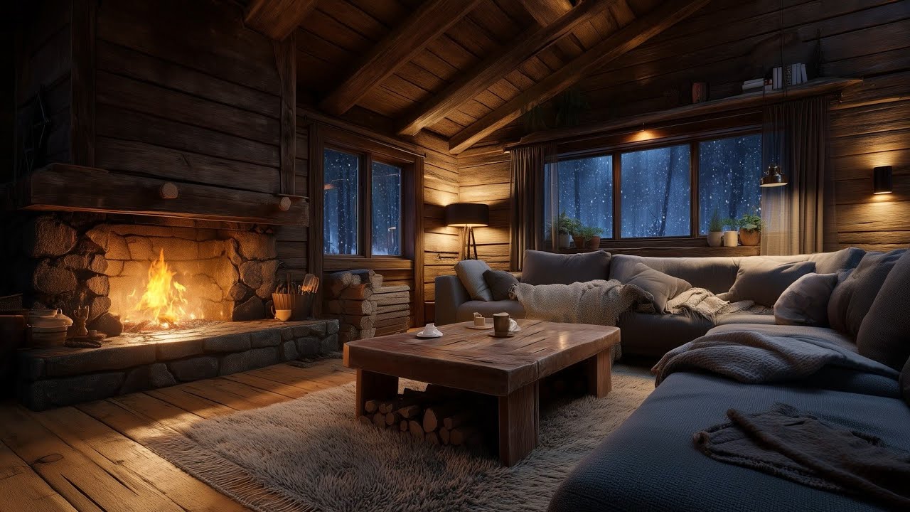 Snowy Cabin at Night | Cozy Winter Fireplace Ambience | 8 Hours