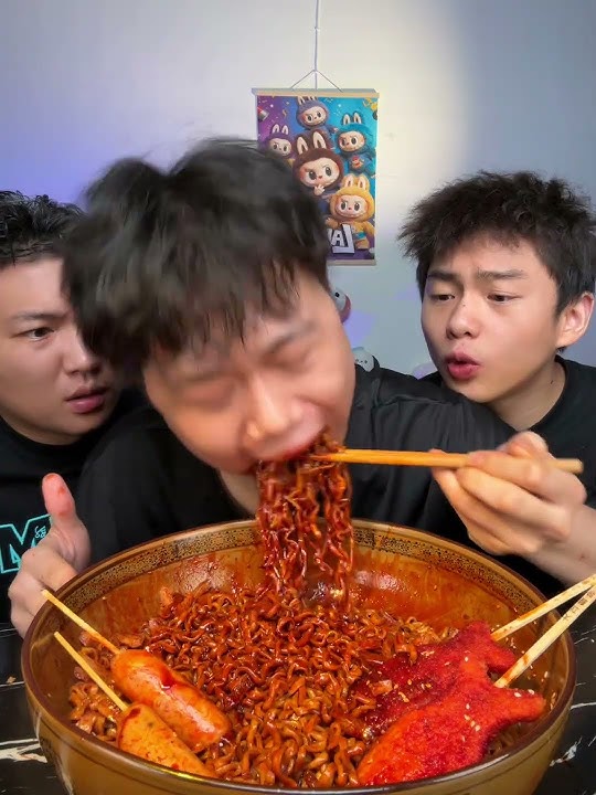 Spicy Korean Noodles Challenge 🌶️🍗 and cheese corndog | Mukbang ASMR eating  with Brothers #mukbang