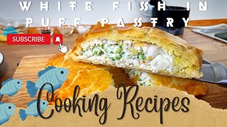 WHITE FISH in puff pastry with cream cheese and peas🍽
