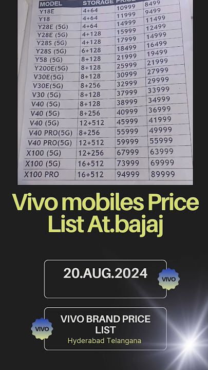 Vivo Mobiles Latest Price List, Vivo Price list 20.08.2024,#vivo #shorts #viral