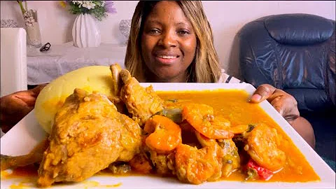 African food mackerel fish +cow meats peanut sauce mixed with okra and Fufu/eating show notalking