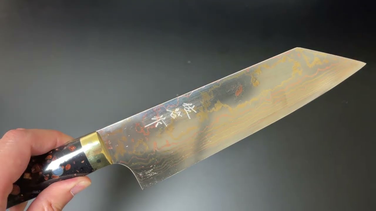 佐治武士 Takeshi Saji 文化包丁 青紙2号鋼 有色ダマスカス 黒茶