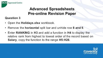 ECDL Coventry University: Advanced Spreadsheets Pre-online Revision Paper Question 3 - Rank Function