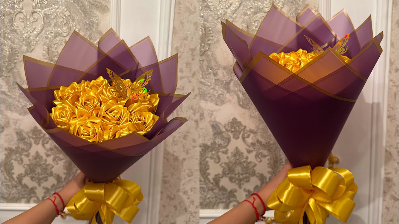 DIY Yellow Rose Bouquet from Ribbon\Handmade Gift idea\ Kurdeleden gül yapımı