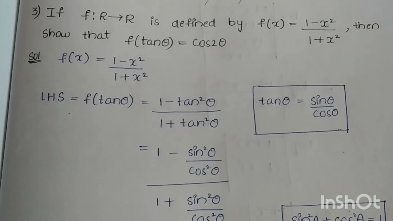 Inter 1st Year Maths | Functions | Ex 1(A) | 1st Roman Q3| Solution show that f(tan theta)=cos2theta