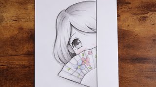 How to Draw a Cute Anime Girl with a Floral Fan 🌸 | Easy Pencil Drawing Tutorial