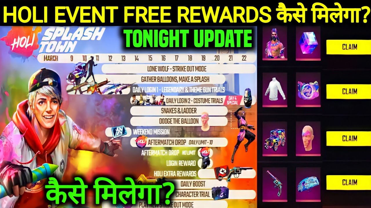 free fire new holi event calendar 9 march 2022 | free fire holi event calendar 2022