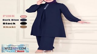 Women's Fashion Casual Muslim Plain Round Neck Top With Long Pants Loose screenshot 3