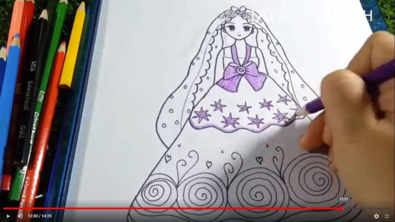 VẼ VÀ TÔ MÀU CÔ DÂU VÁY TÍM / How to Draw a Bride Easy - youtube
