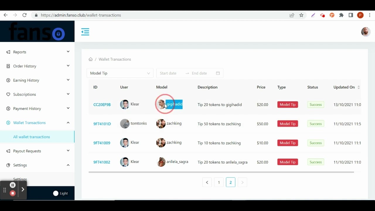 How does the admin manage the wallet transactions from the backend?