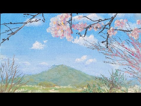 パステル画 風景画 フレーム付き パステル画#3『笹山公園の桜と可也山』Pastel Painting 風景画