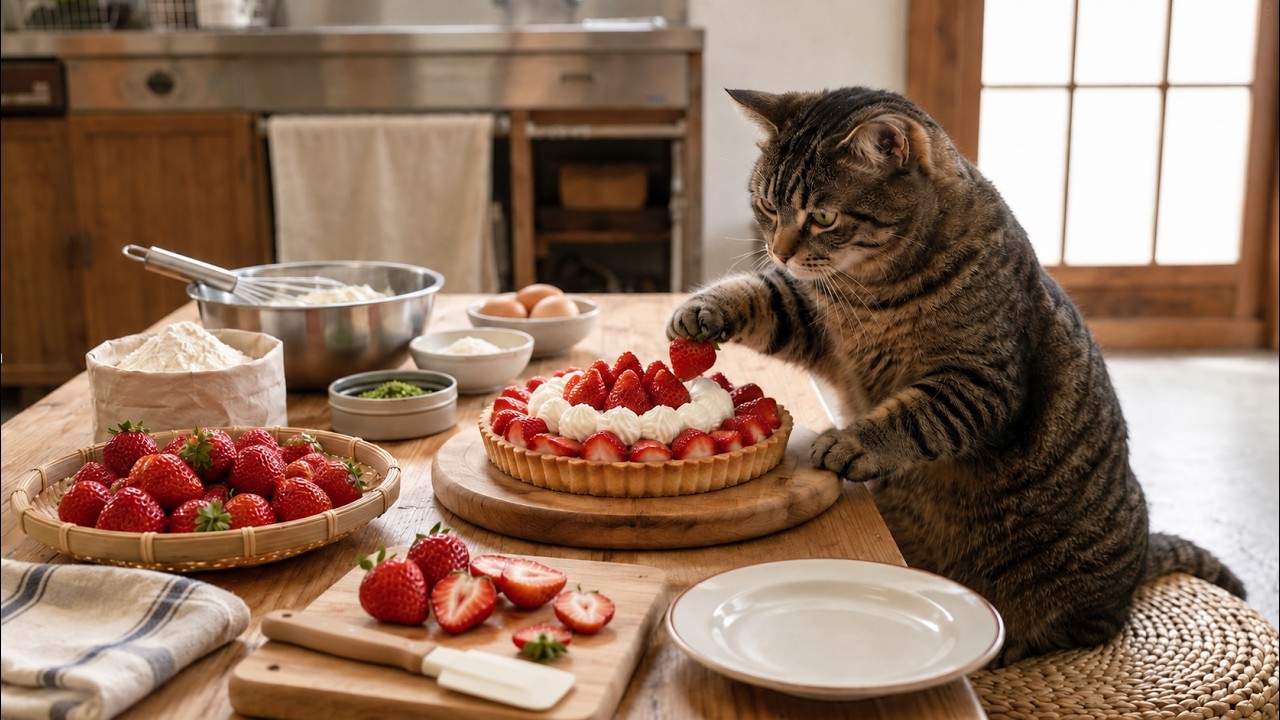 苺タルト♡猫&ひよこ 🍓 いちごタルトの日常 | 猫が真っ赤ないちごを飾り付ける、甘くて幸せ