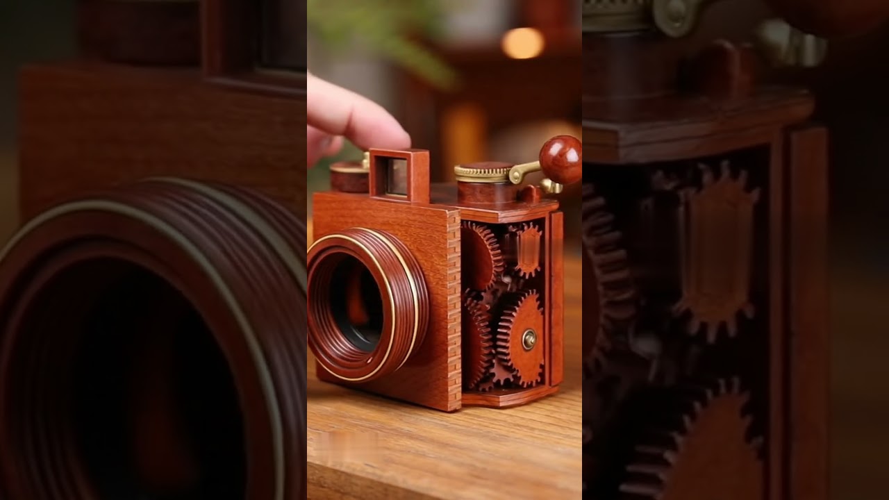 Wooden camera with gear driven shutter, lens made of polished wood rings