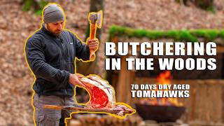 Butchering & Fire Grilling a 70-Day Dry Aged Tomahawk in a Bushcraft Cabin