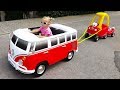 Little girl elis ride on wheels on the bus power wheel with cozy coupe little tikes and dolls crew