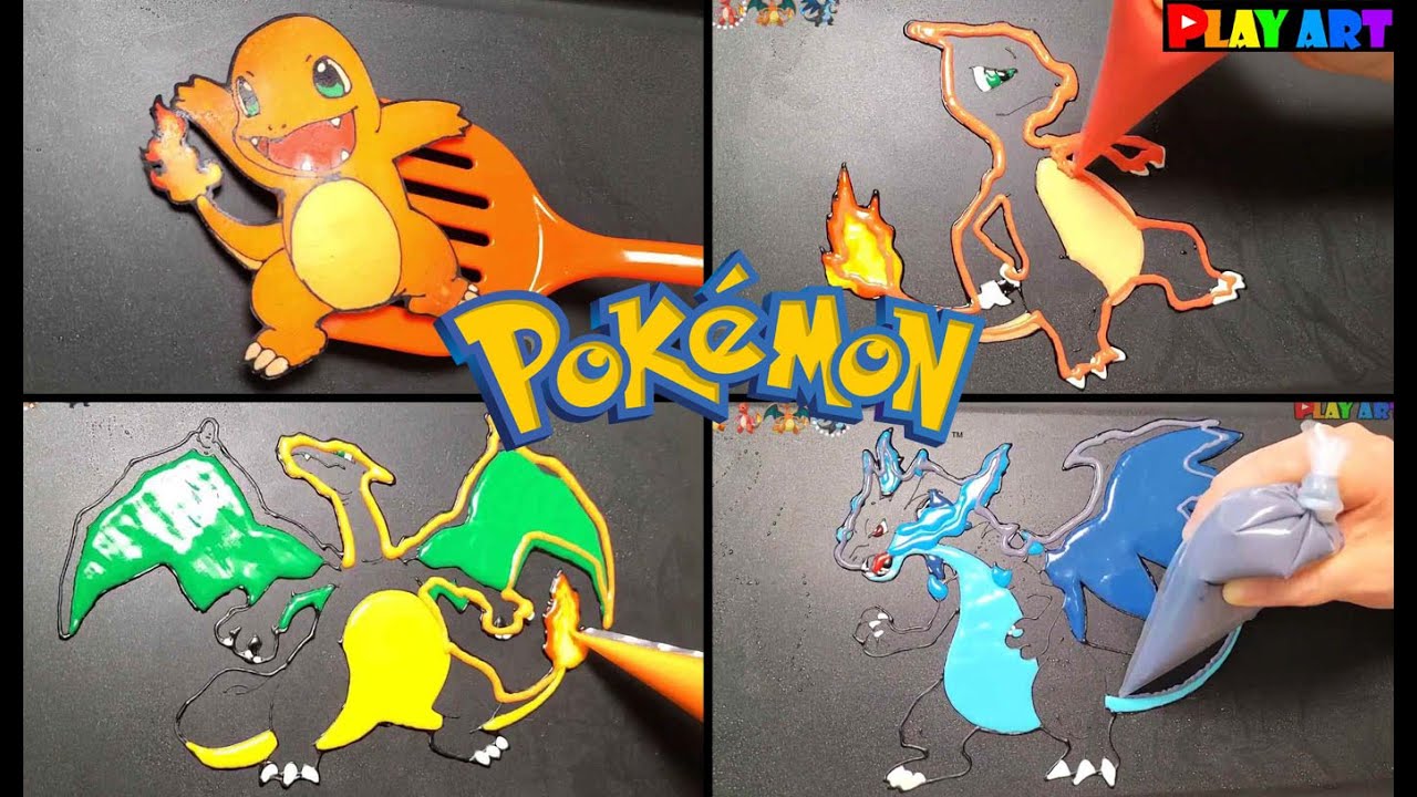 Play: Pokemon Evolution Pancake Art: Charmander to Mega Charizard X, drawn in batter