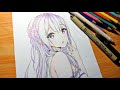 drawing anime girl - Emilia エミリア  - [ Re:Zero kara Hajimeru Isekai Seikatsu ]