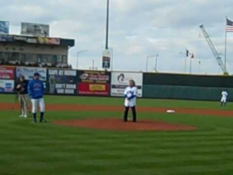 Shawn Johnson first pitch at Iowa Cubs game