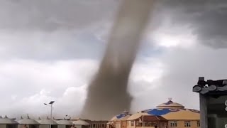 A tornado destroys everything in its path. Strong wind in West Java, Indonesia.