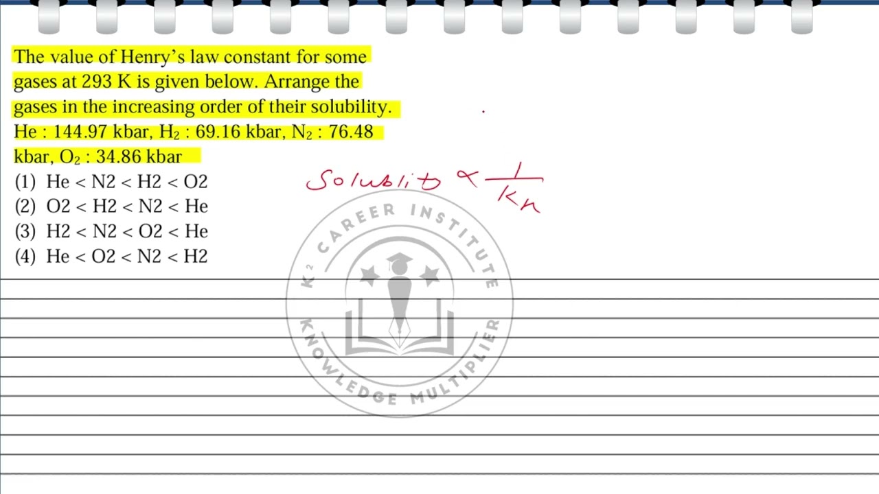 The value of Henry’s law constant for some gases at 293 K is given below. Arrange the gases in the