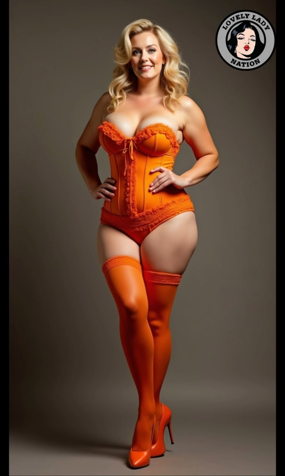 Stunning curvy ladies showcase elegant ORANGE corsets in a captivating fashion display. VOL.1