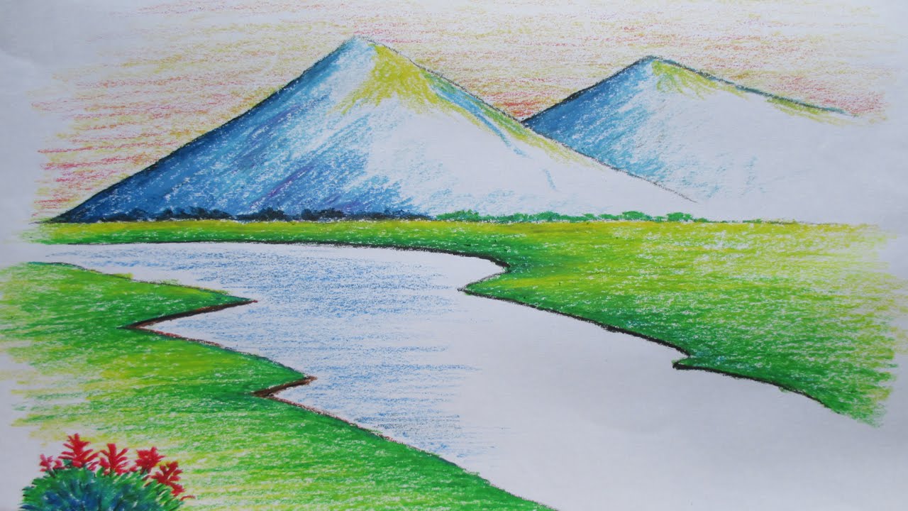 Beginners Mountain Landscape Drawing with Oil Pastel