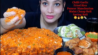 Eating Chilli Garlic Fried Rice, Paneer Manchurian, Malai Chaap Roll, Spring Roll | Eating Mukbang