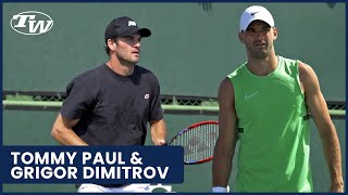 ATP Pros Grigor Dimitrov & Tommy Paul practice at '23 BNP Paribas Open! (tennis string drama & more)