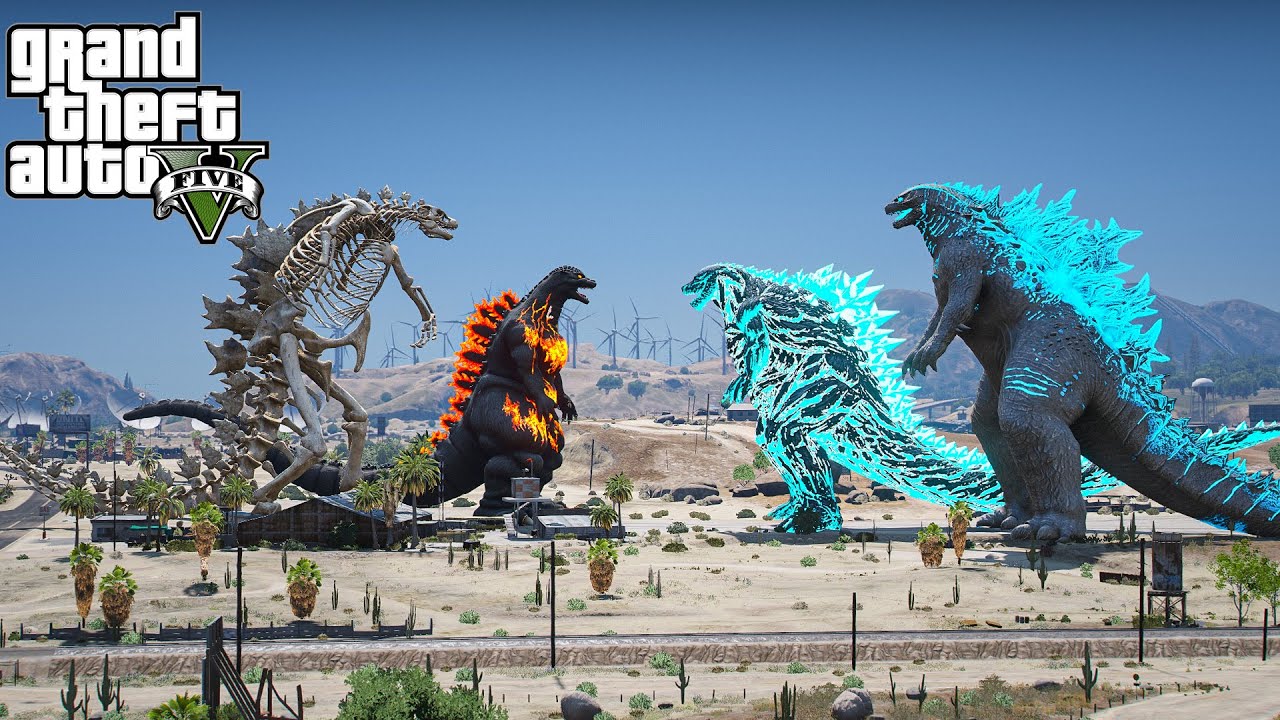 Dragon Skeleton, Burning godzilla vs Godzilla x Godzilla Earth - Epic Battle ( GTA V Mods )