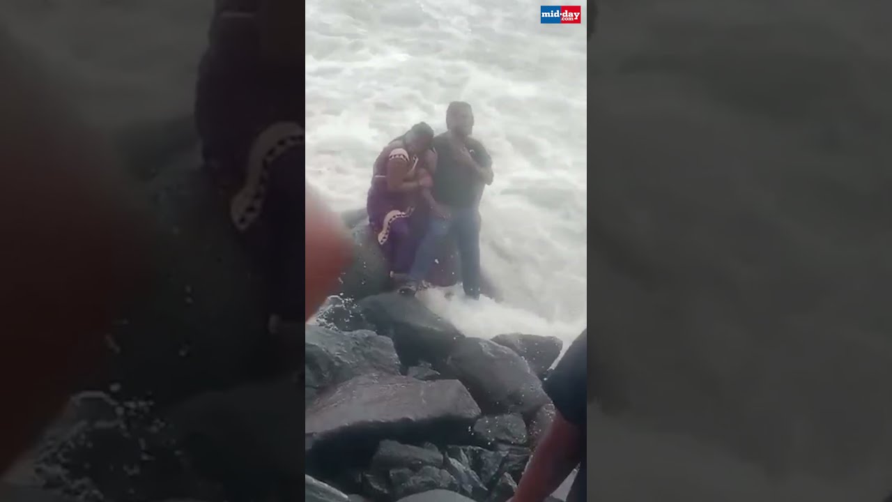 Watch Woman Swept Away By A Giant Wave At Bandra Bandstand  ytshort