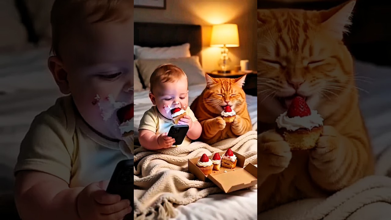 Yammy eating cake 🍰🍰 Cute cat and Cute baby 🍼