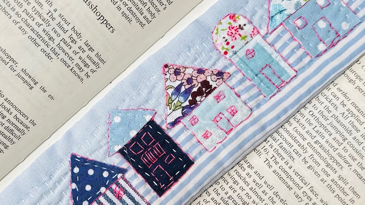 Whimsical little houses slow stitching project, hand sewn fabric bookmark gift #hugsinstitches