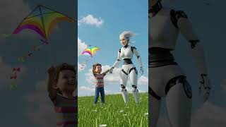 Robot Girl Helps A Child Fly A Kite
