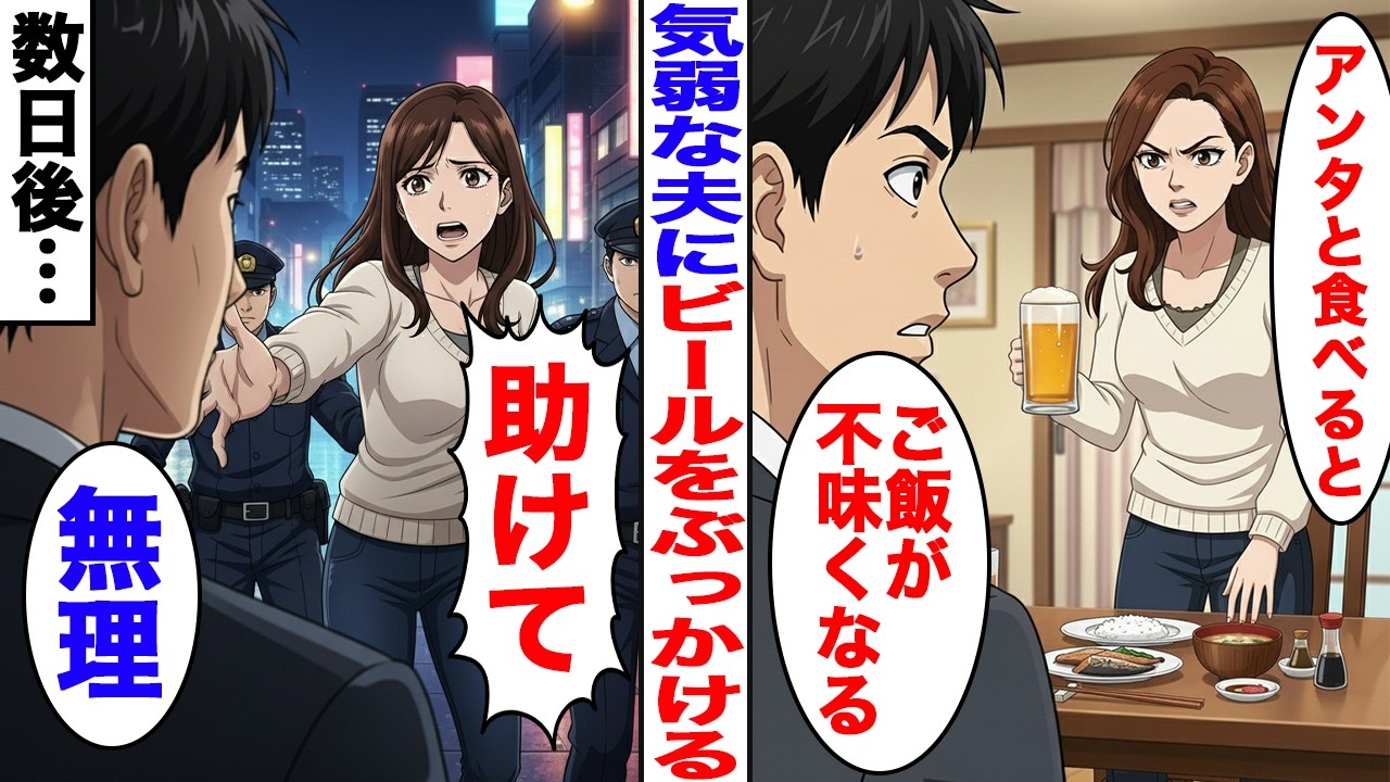 【漫画】「ご飯が不味くなる」気弱な夫を舐めてビールをぶっかけた嫁の末路【スカッと】【ママスカ】