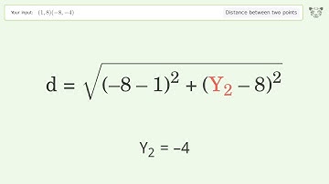 Find the distance between two points p1 (1,8) and p2 (-8,-4): Step-by-Step Video Solution