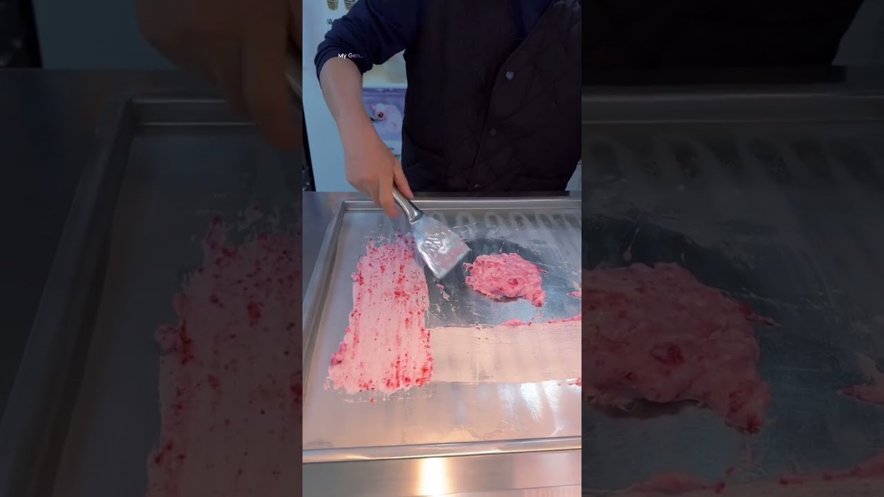 "Strawberry Ice Cream Rolls Made Fresh on Cold Plate – So Satisfying!"