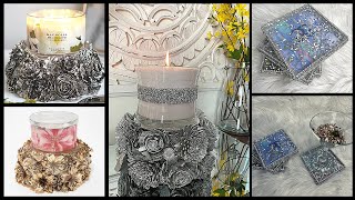 DIY DOLLAR TREE GLAM CRUSHED DIAMONDS COASTERS | BEAUTIFUL GLAM ROSE CANDLE HOLDER STAND - QVC DUPE