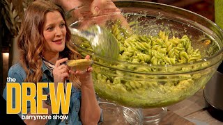 Drew Teaches How to Cook a Delicious Pesto Chickpea Pasta Dish