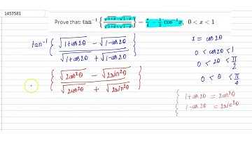 Prove that: `tan^(-1){(sqrt(1+x)-sqrt(1-x))/(sqrt(1+x)+sqrt(1-x))}=pi/4-1/2\\ cos^(-1)x ,\\ \\ 0...