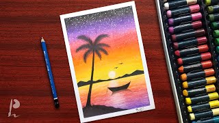 Easy Sunset Scenery Drawing with Oil Pastels for Beginners | PrabuDbz Art