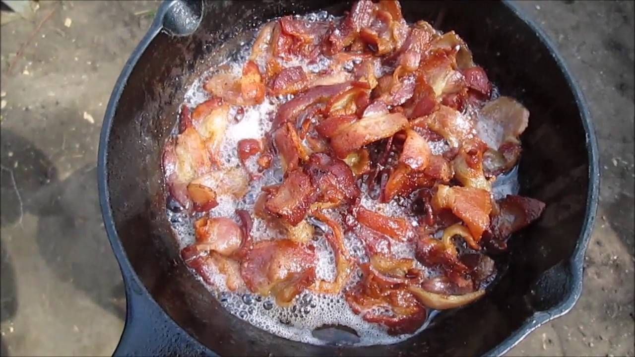Bacon in a 8 in Lodge Skillet on an Ozark Trail single propane burner