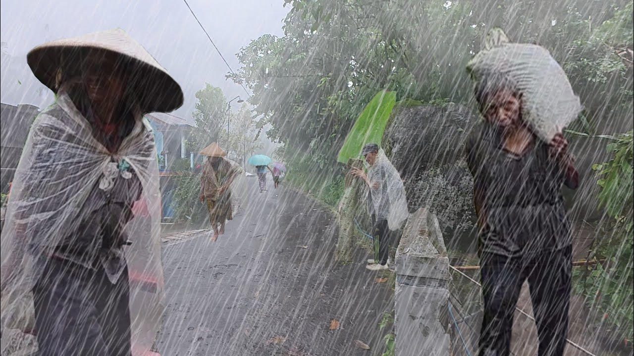 Прогулка в условиях сильного дождя и грозы | Сильный дождь и ветер обрушились на горную деревню |сна
