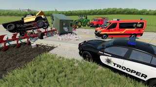 Police and Firefighters help huge crash and fire | Farming Simulator 22