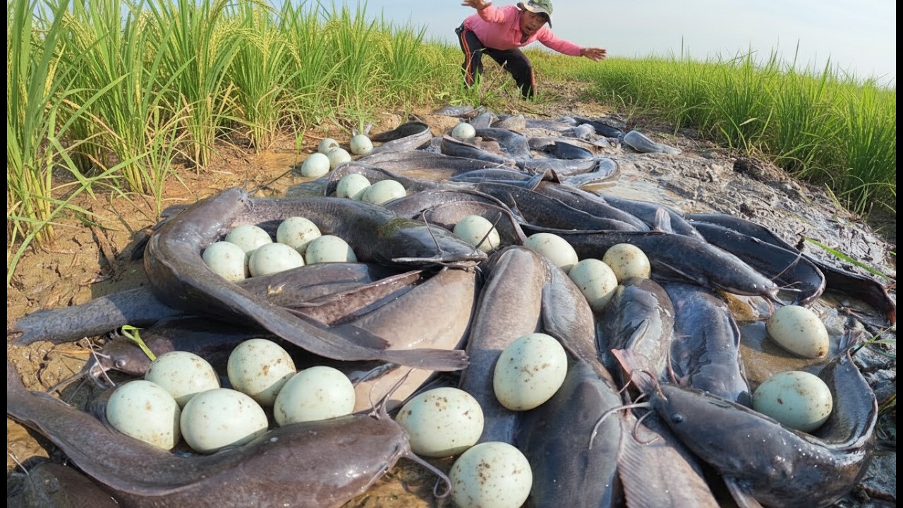 Best hand fishing unique- a hand skill fisherman catch a lot of fish at field after season