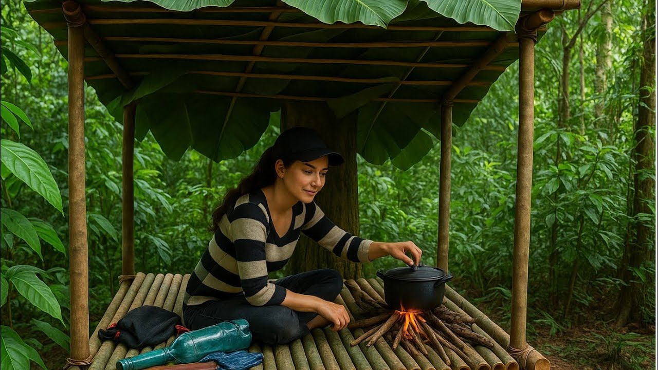 Alone Girl Builds Bamboo Shelter in the Forest – Catching Crabs ...
